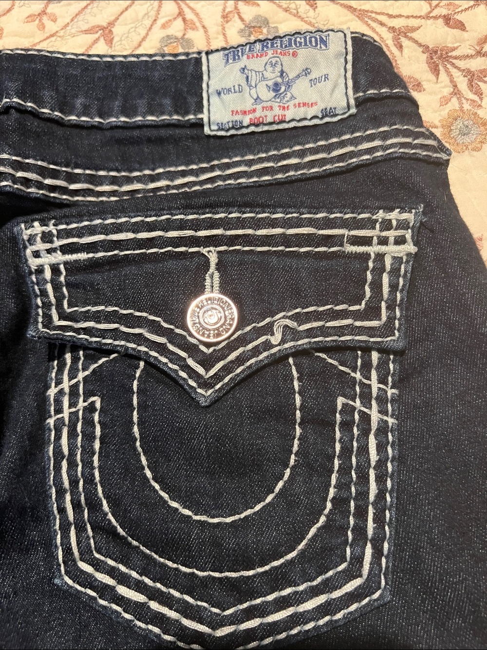 Vintage True Religion Women's Dark Indigo Boot Cut Jeans with White Stitching